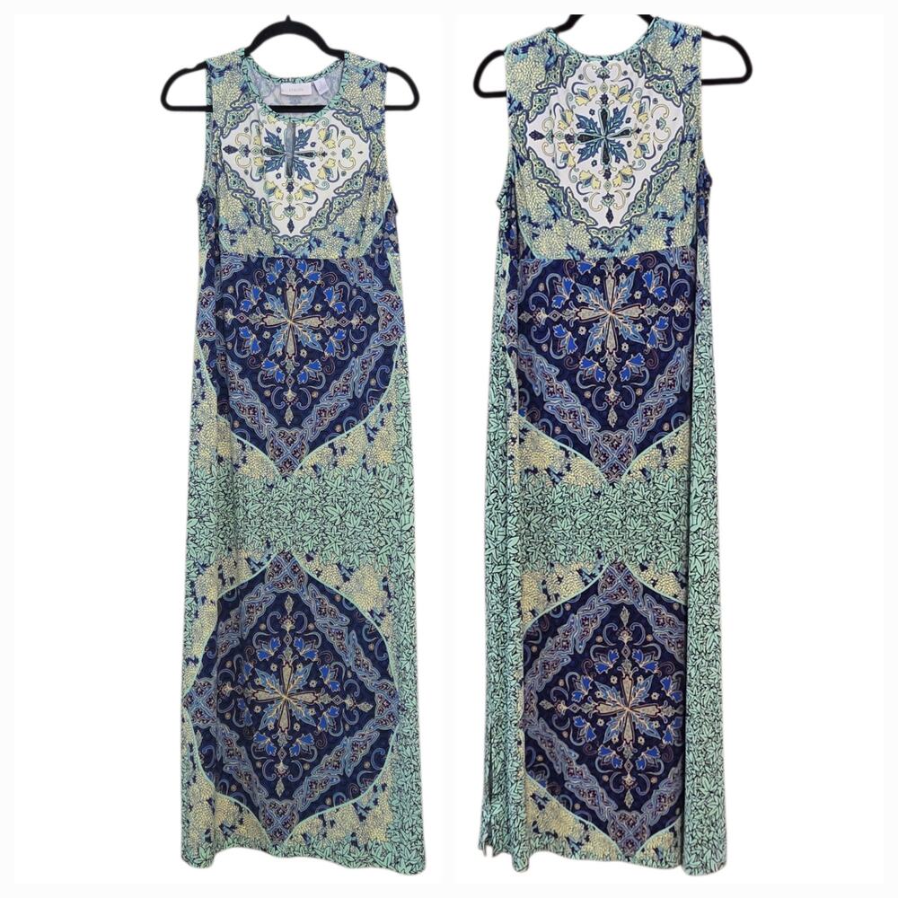 Chicos Mediterranean Waves Maxi Dress Size 2, size 12, Sleeveless, Side Slit